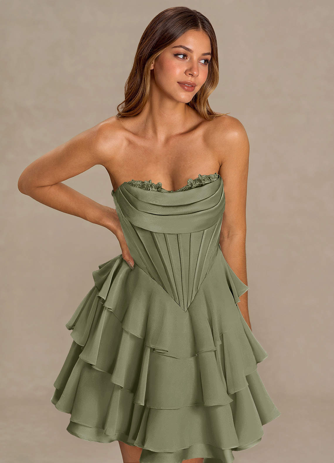 Brinley A-Line Mini Corset Satin Chiffon Prom Dress in Pistachio