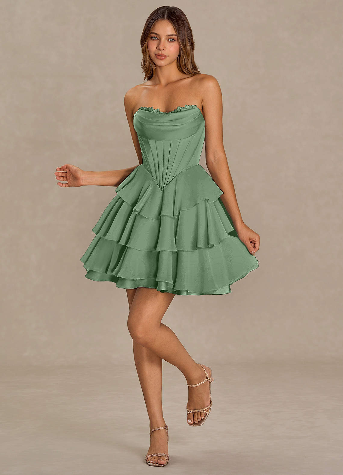 Brinley A-Line Mini Corset Satin Chiffon Prom Dress in matcha