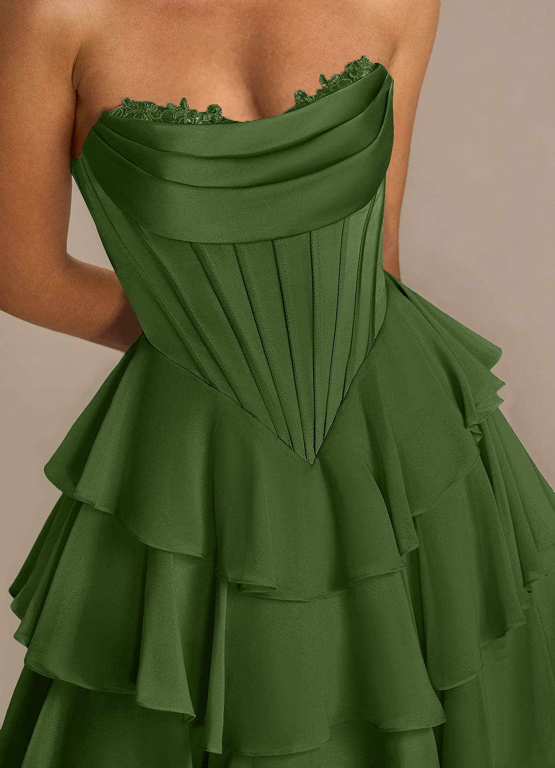 Brinley A-Line Mini Corset Satin Chiffon Prom Dress in Olive