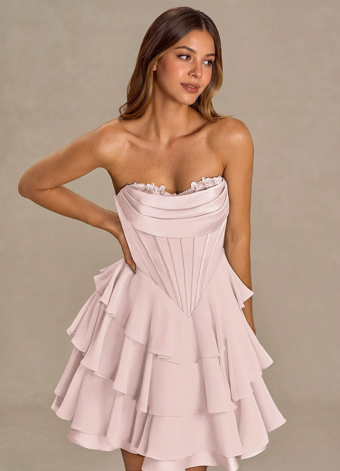 Brinley A-Line Mini Corset Satin Chiffon Prom Dress in Powder Pink