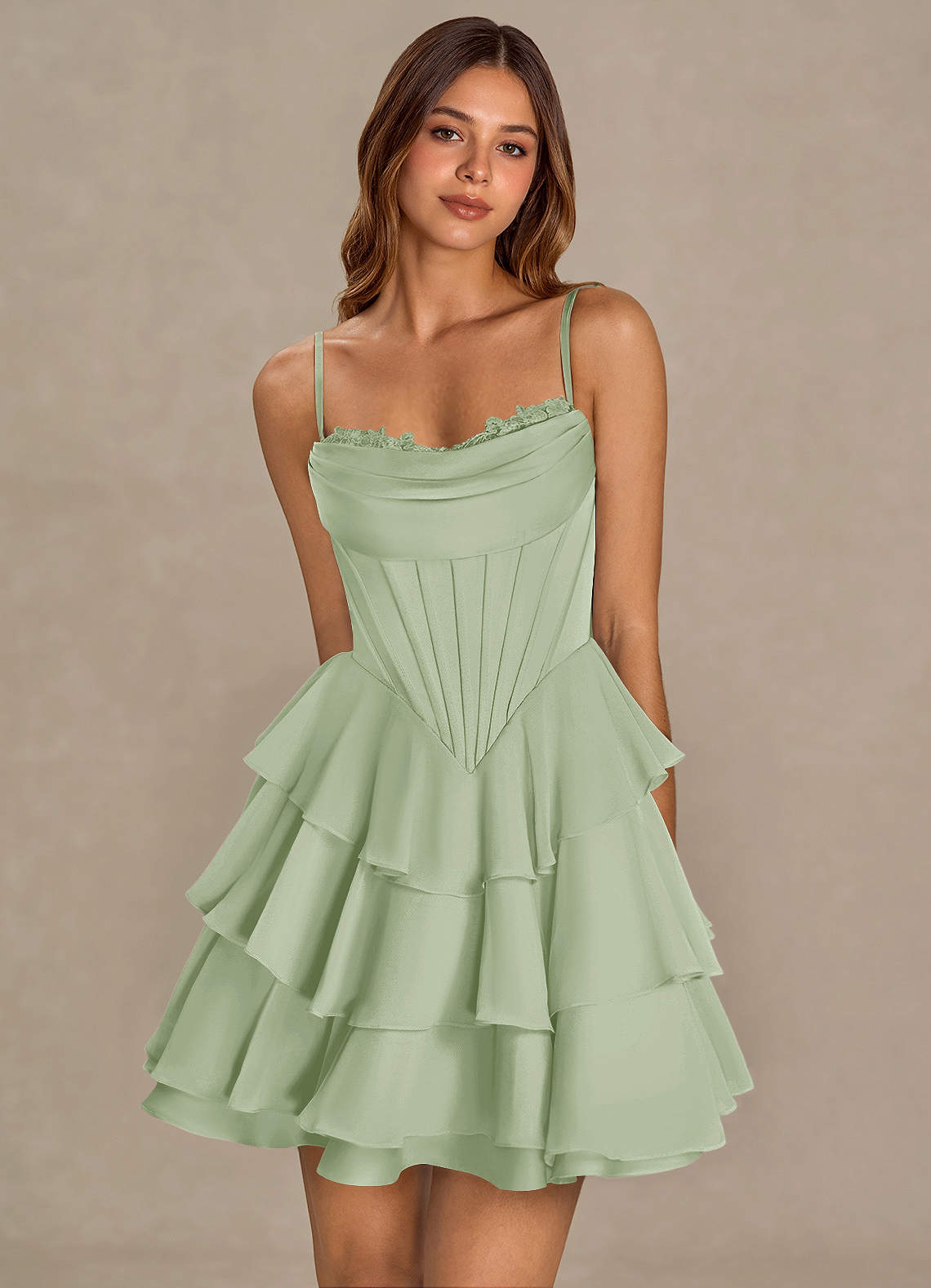 Brinley A-Line Mini Corset Satin Chiffon Prom Dress in Light Green