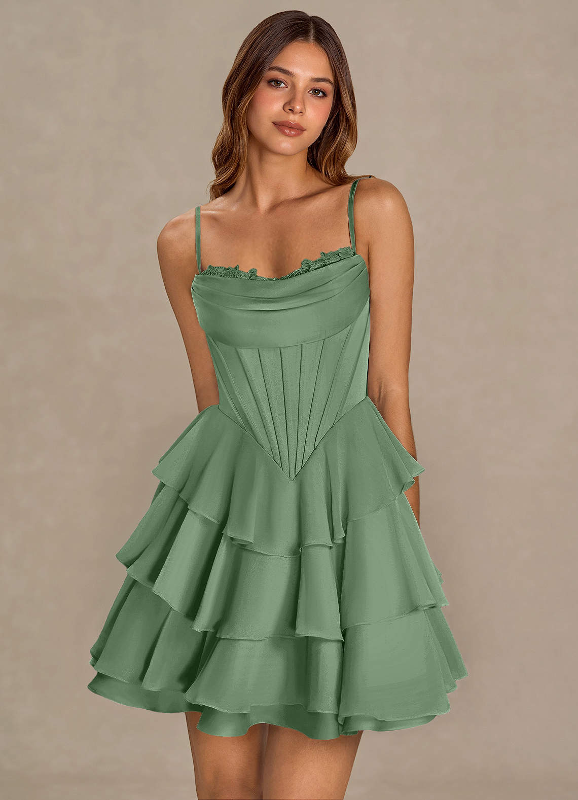 Brinley A-Line Mini Corset Satin Chiffon Prom Dress in matcha