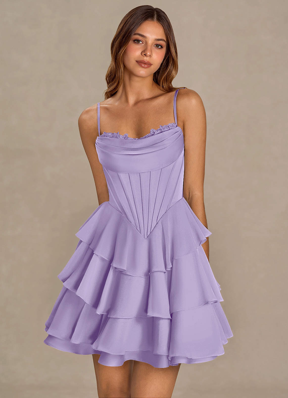 Brinley A-Line Mini Corset Satin Chiffon Prom Dress in Lilac