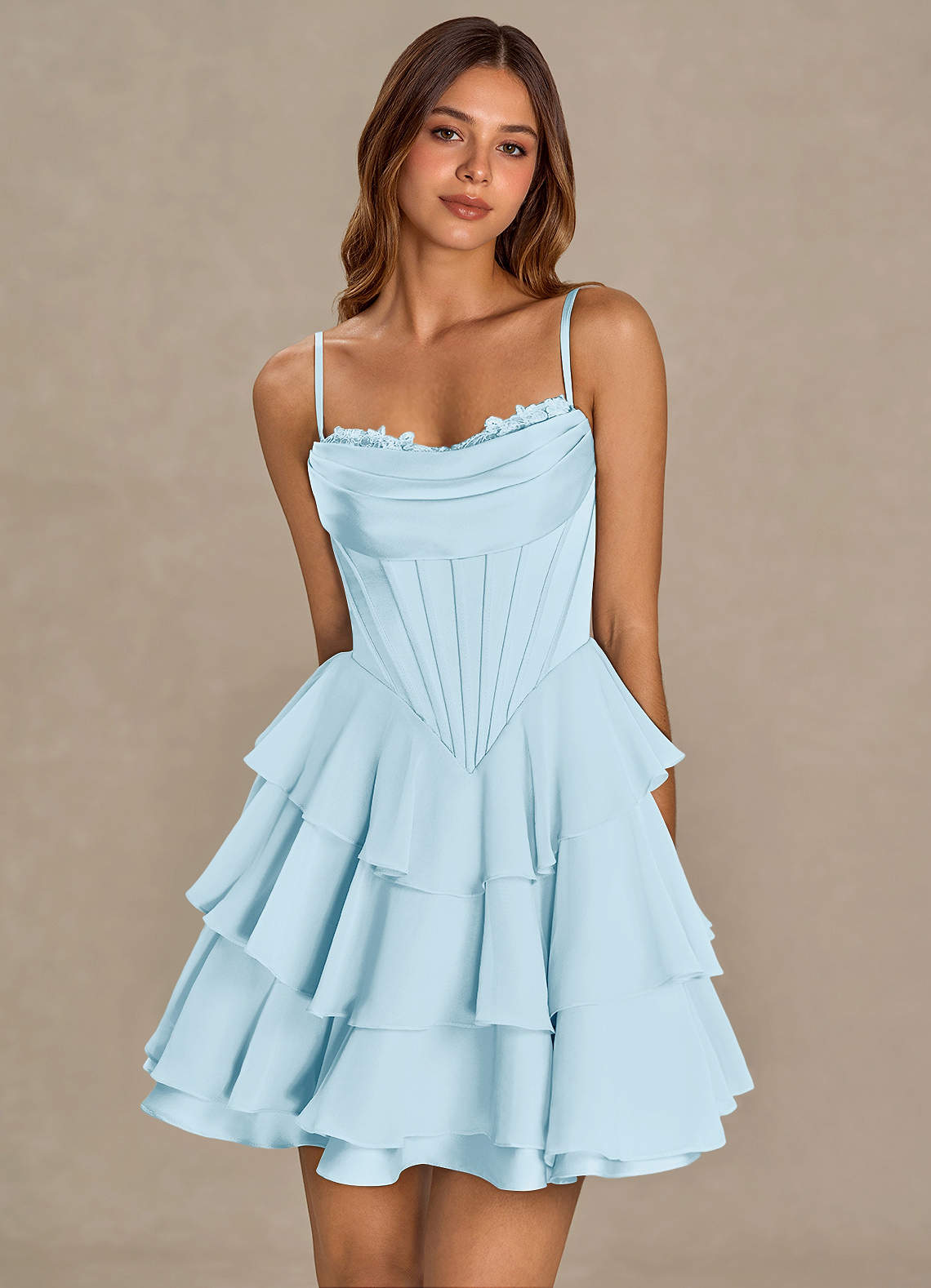 Brinley A-Line Mini Corset Satin Chiffon Prom Dress in Sky Blue