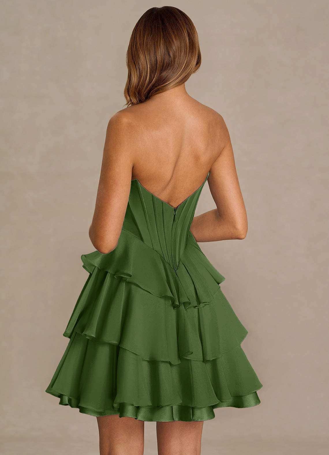 Brinley A-Line Mini Corset Satin Chiffon Prom Dress in Olive