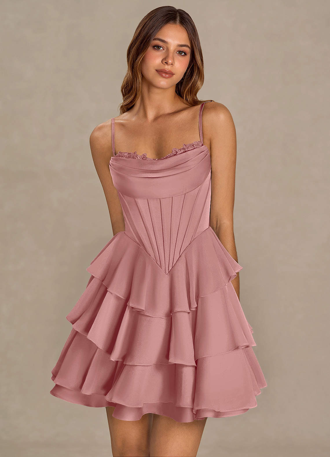 Brinley A-Line Mini Corset Satin Chiffon Prom Dress in Dusty Pink