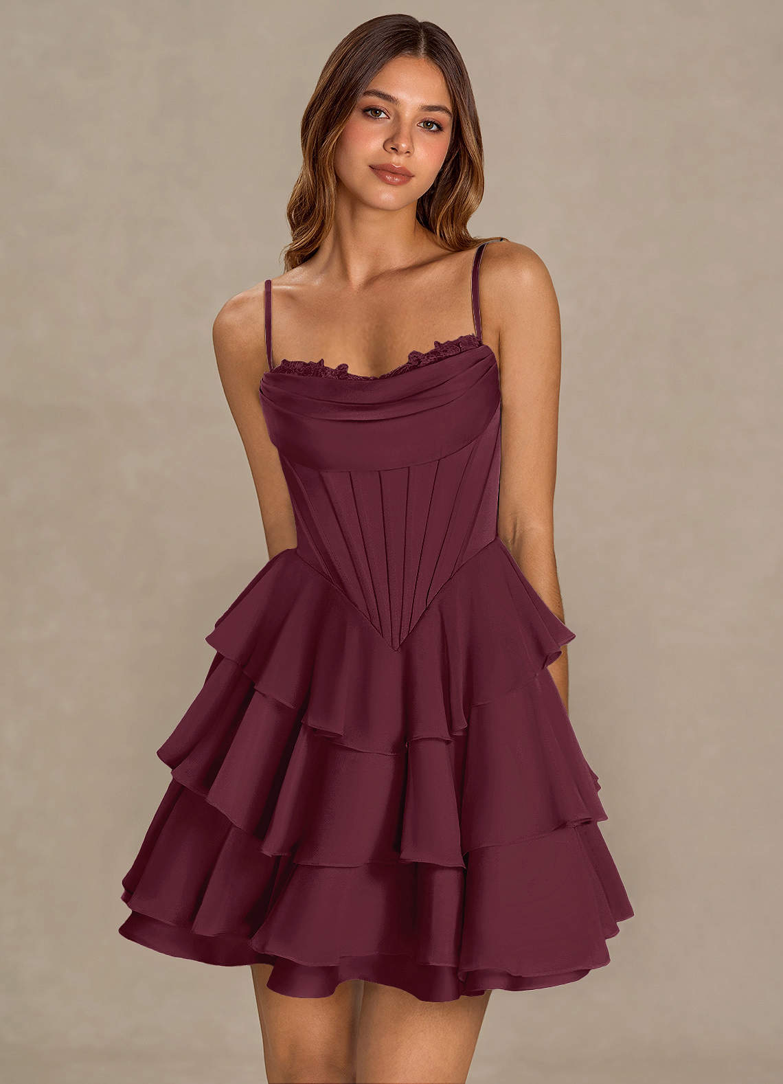 Brinley A-Line Mini Corset Satin Chiffon Prom Dress in Wine