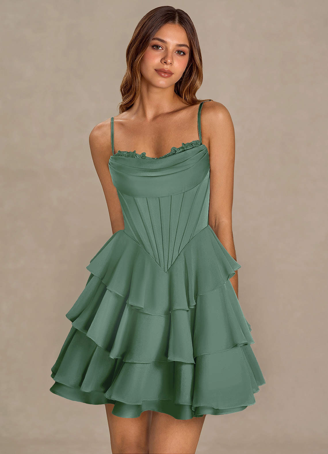 Brinley A-Line Mini Corset Satin Chiffon Prom Dress in eucalyptus
