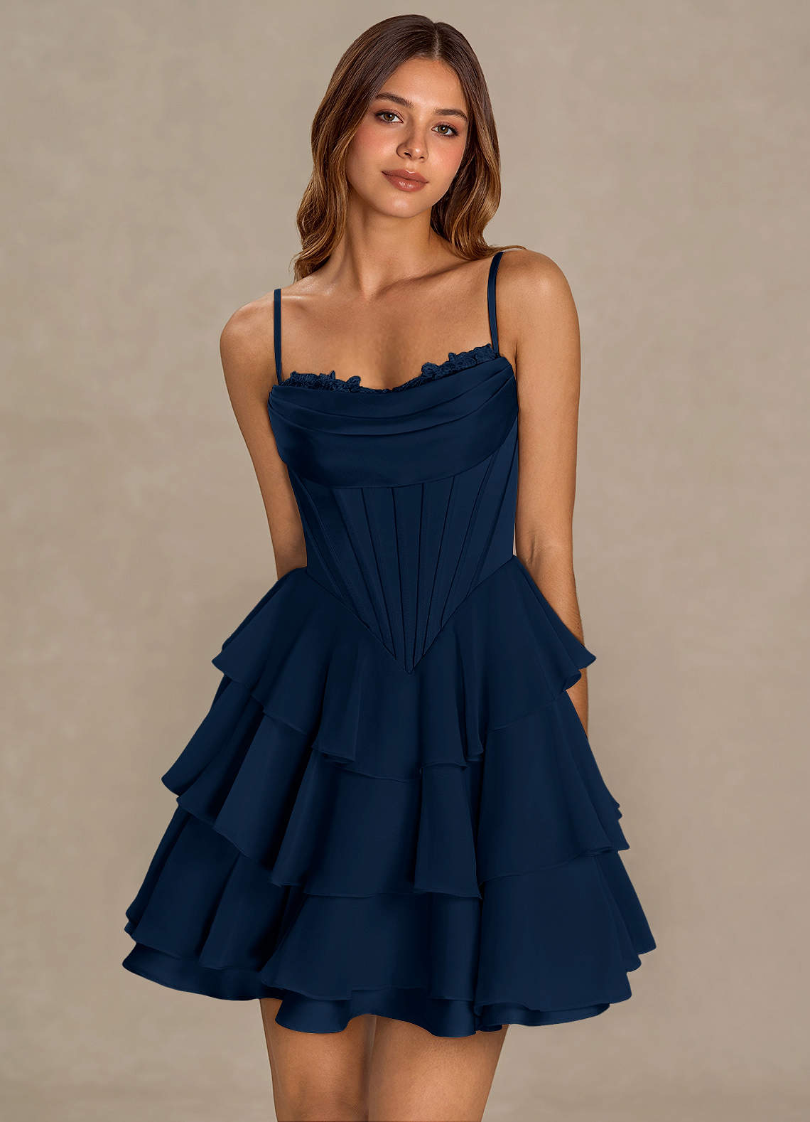Brinley A-Line Mini Corset Satin Chiffon Prom Dress in Navy