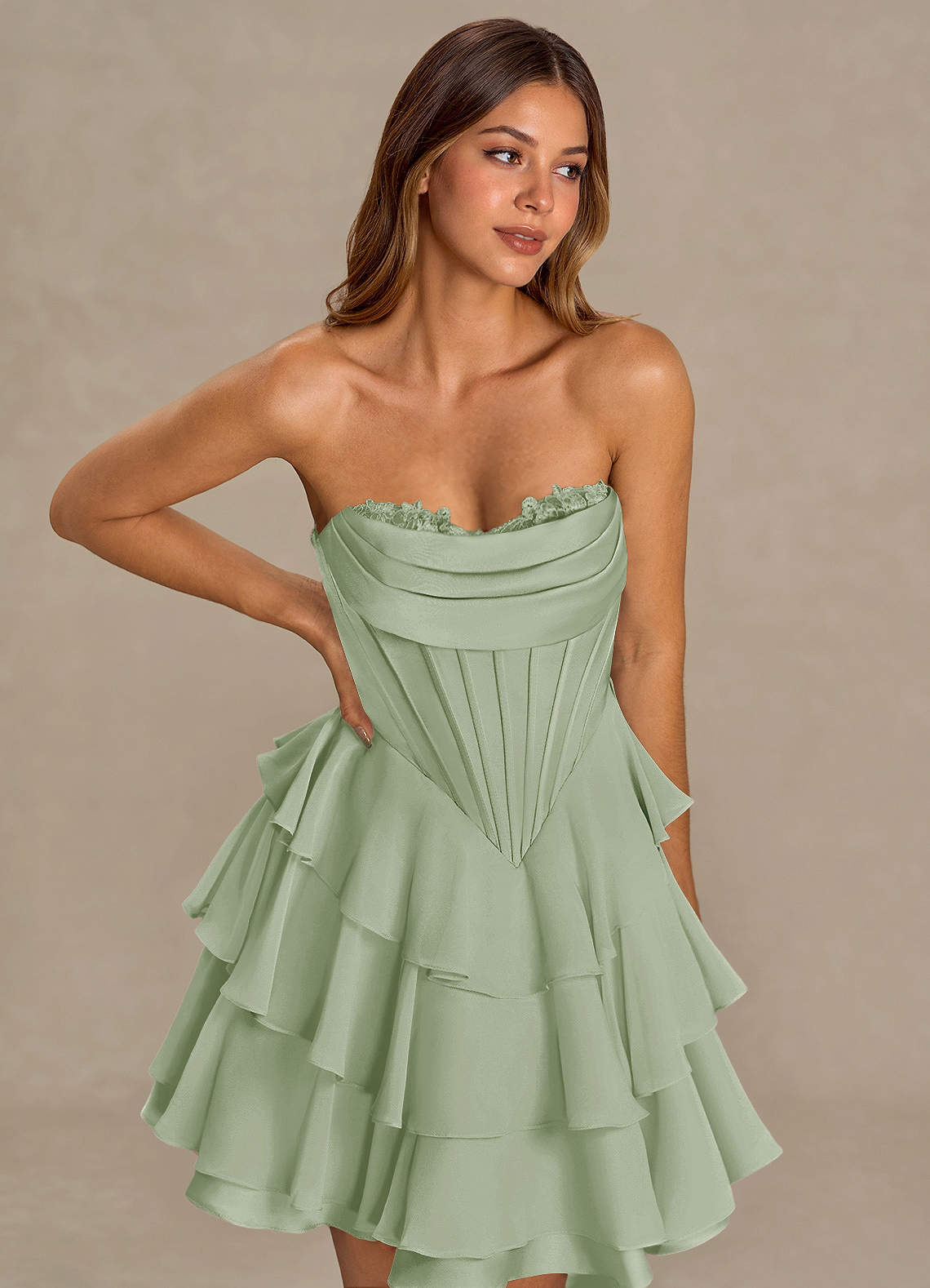 Brinley A-Line Mini Corset Satin Chiffon Prom Dress in Pistachio