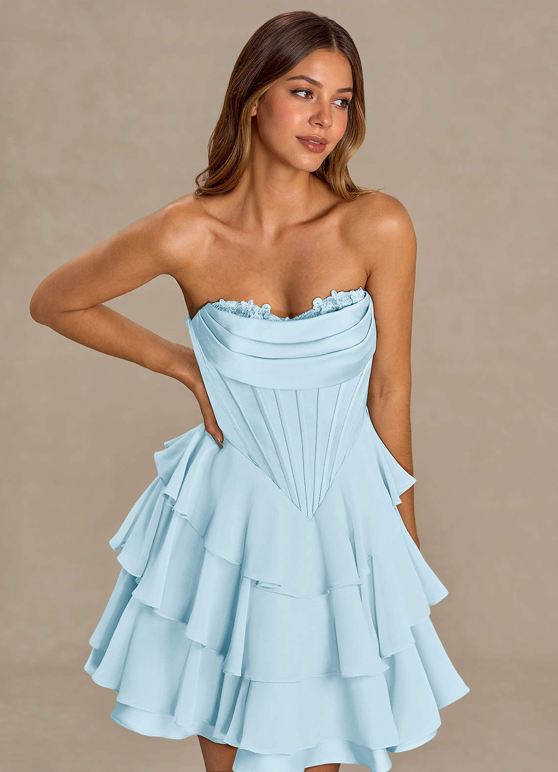 Brinley A-Line Mini Corset Satin Chiffon Prom Dress in Pistachio