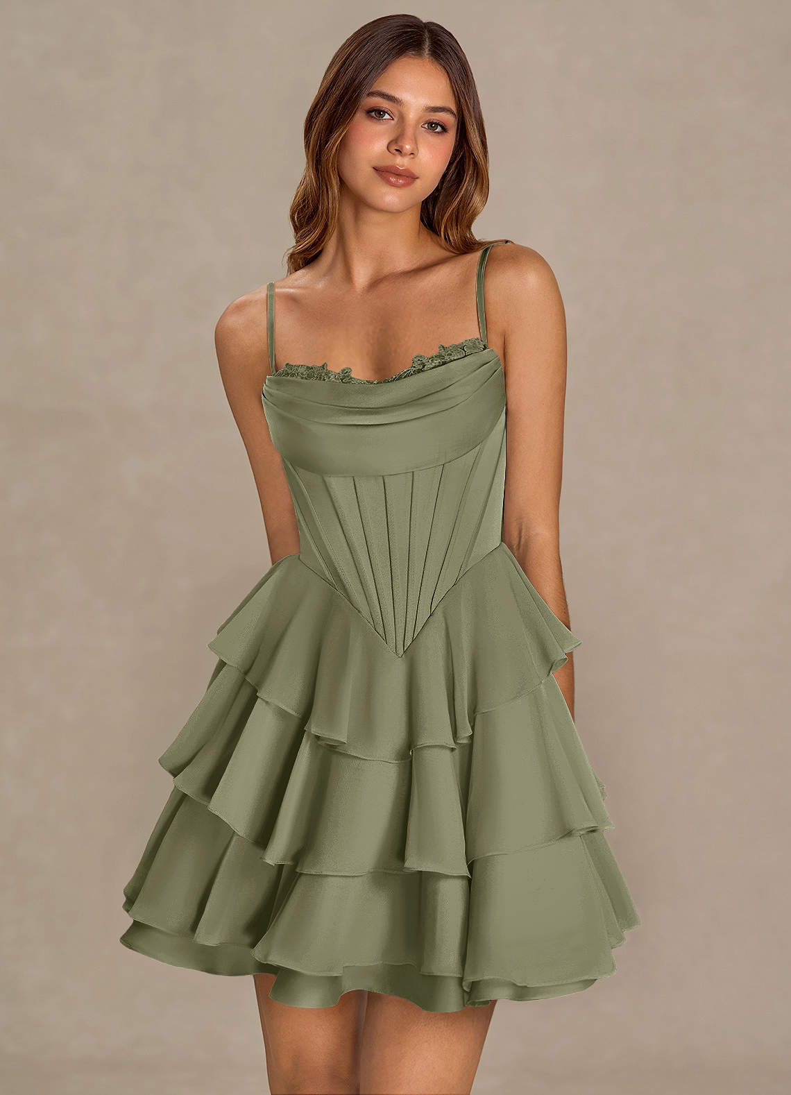 Brinley A-Line Mini Corset Satin Chiffon Prom Dress in Pistachio