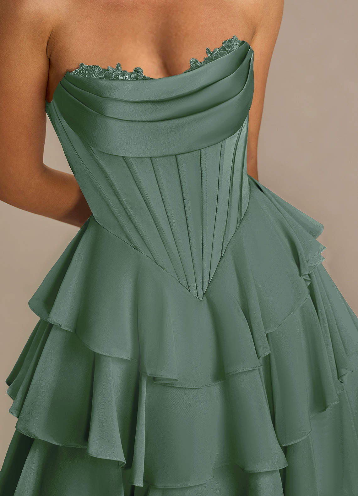 Brinley A-Line Mini Corset Satin Chiffon Prom Dress in eucalyptus