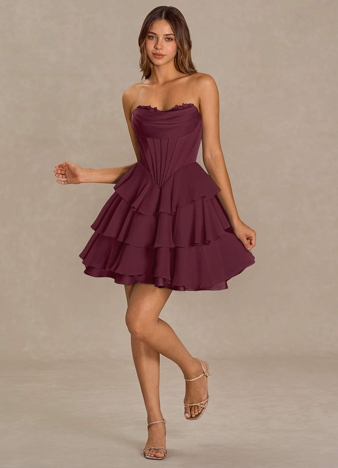 Brinley A-Line Mini Corset Satin Chiffon Prom Dress in Wine