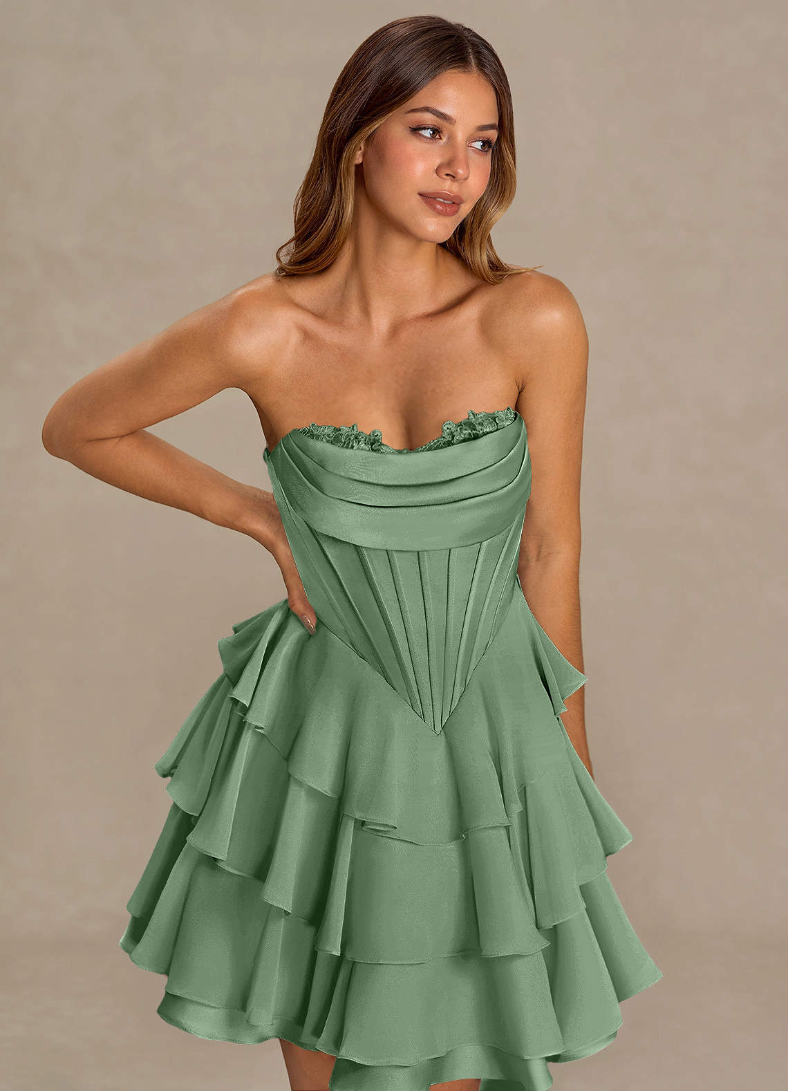 Brinley A-Line Mini Corset Satin Chiffon Prom Dress in Pistachio