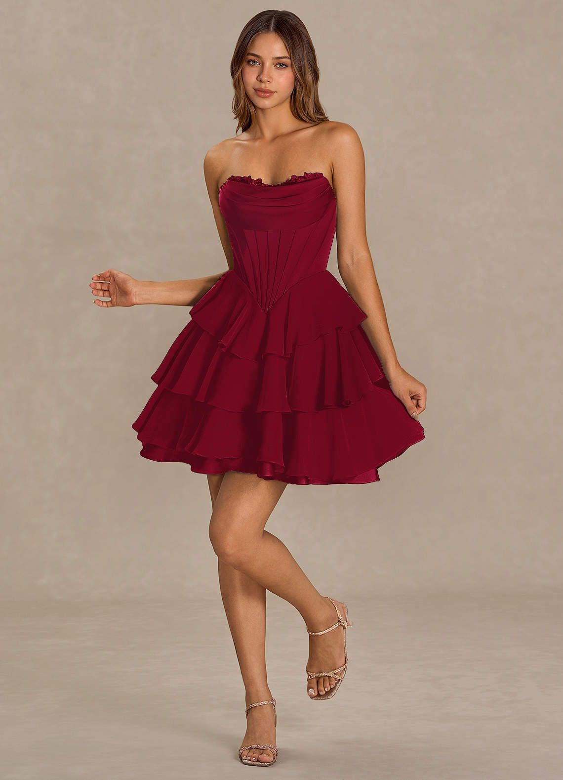 Brinley A-Line Mini Corset Satin Chiffon Prom Dress in Merlot