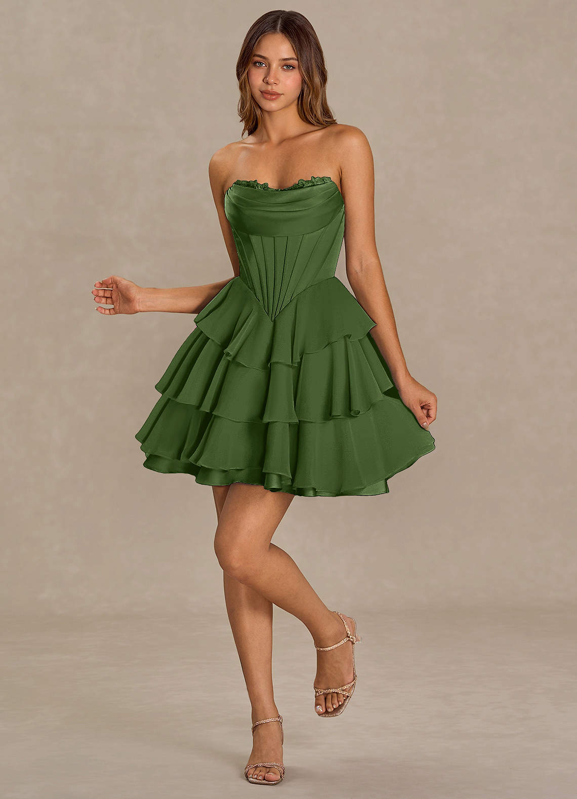 Brinley A-Line Mini Corset Satin Chiffon Prom Dress in Olive
