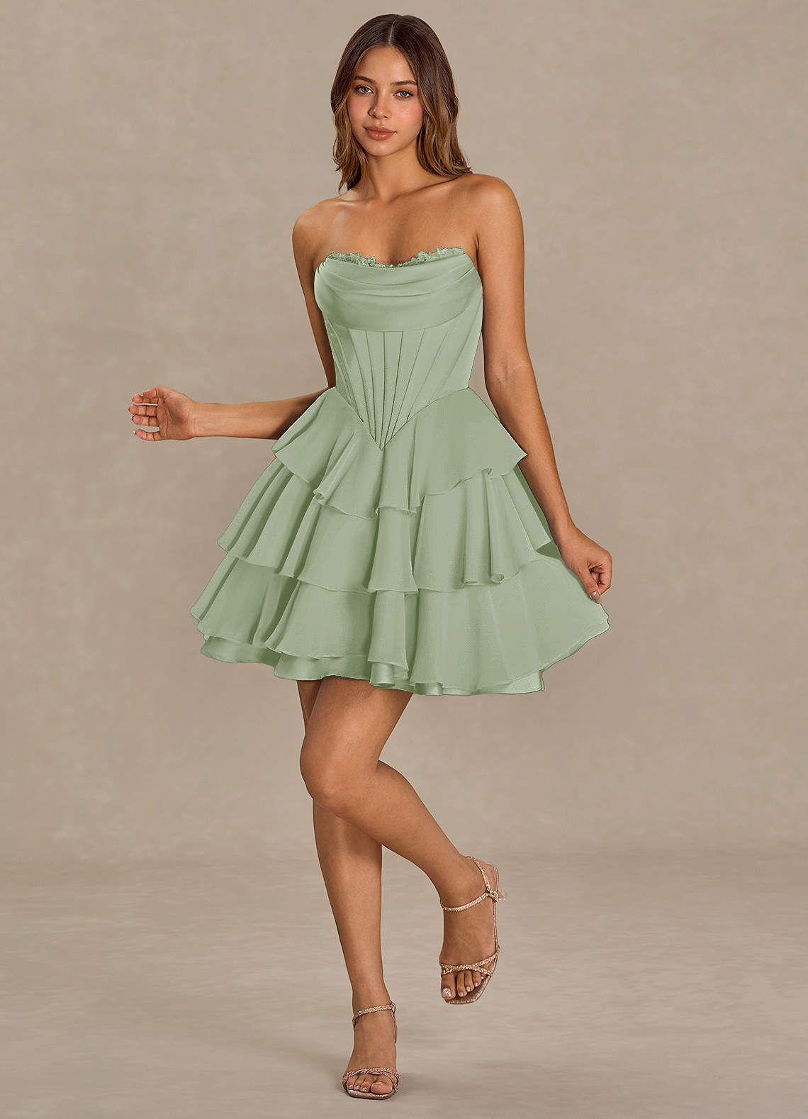 Brinley A-Line Mini Corset Satin Chiffon Prom Dress in Light Green