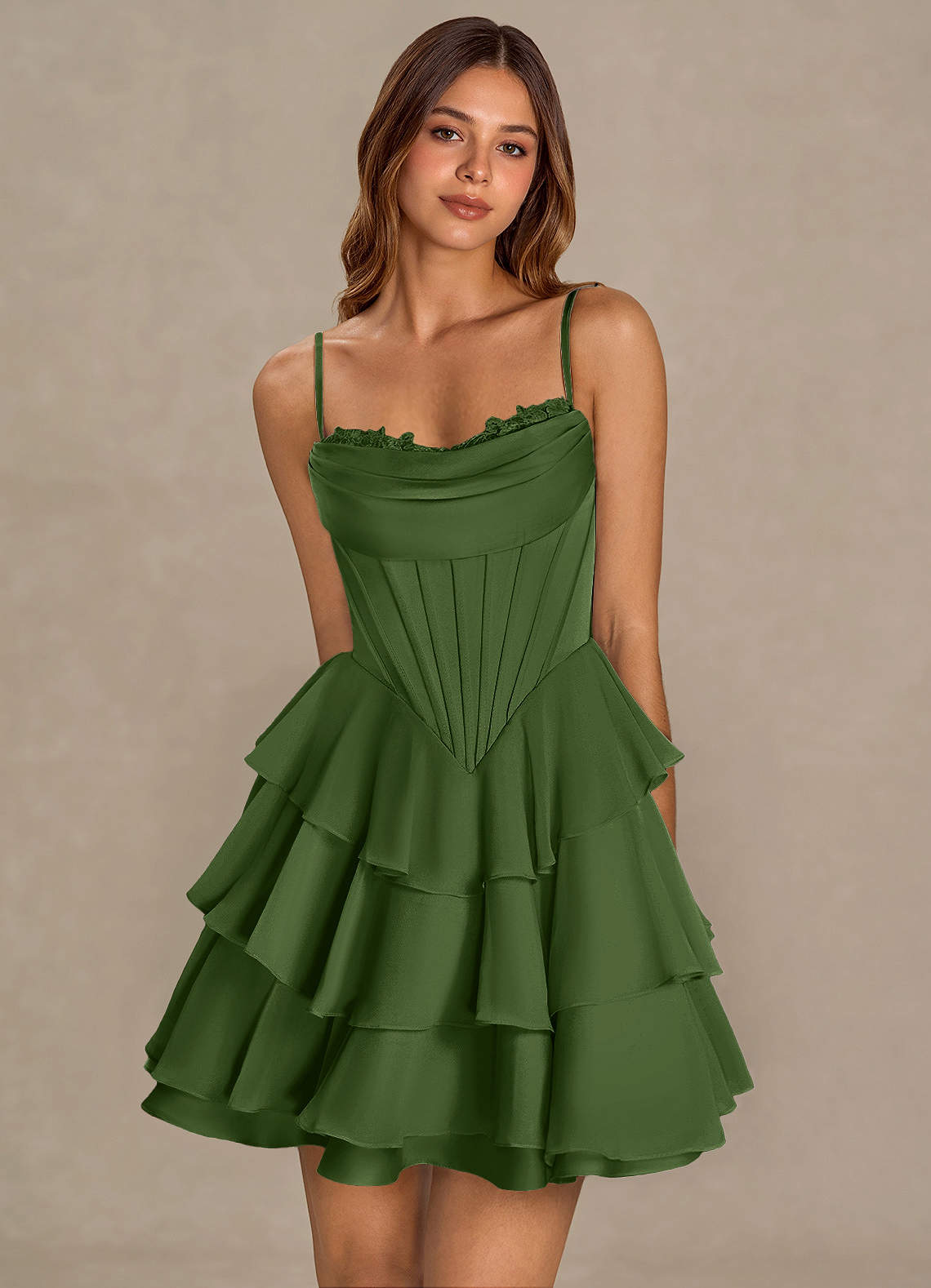Brinley A-Line Mini Corset Satin Chiffon Prom Dress in Olive
