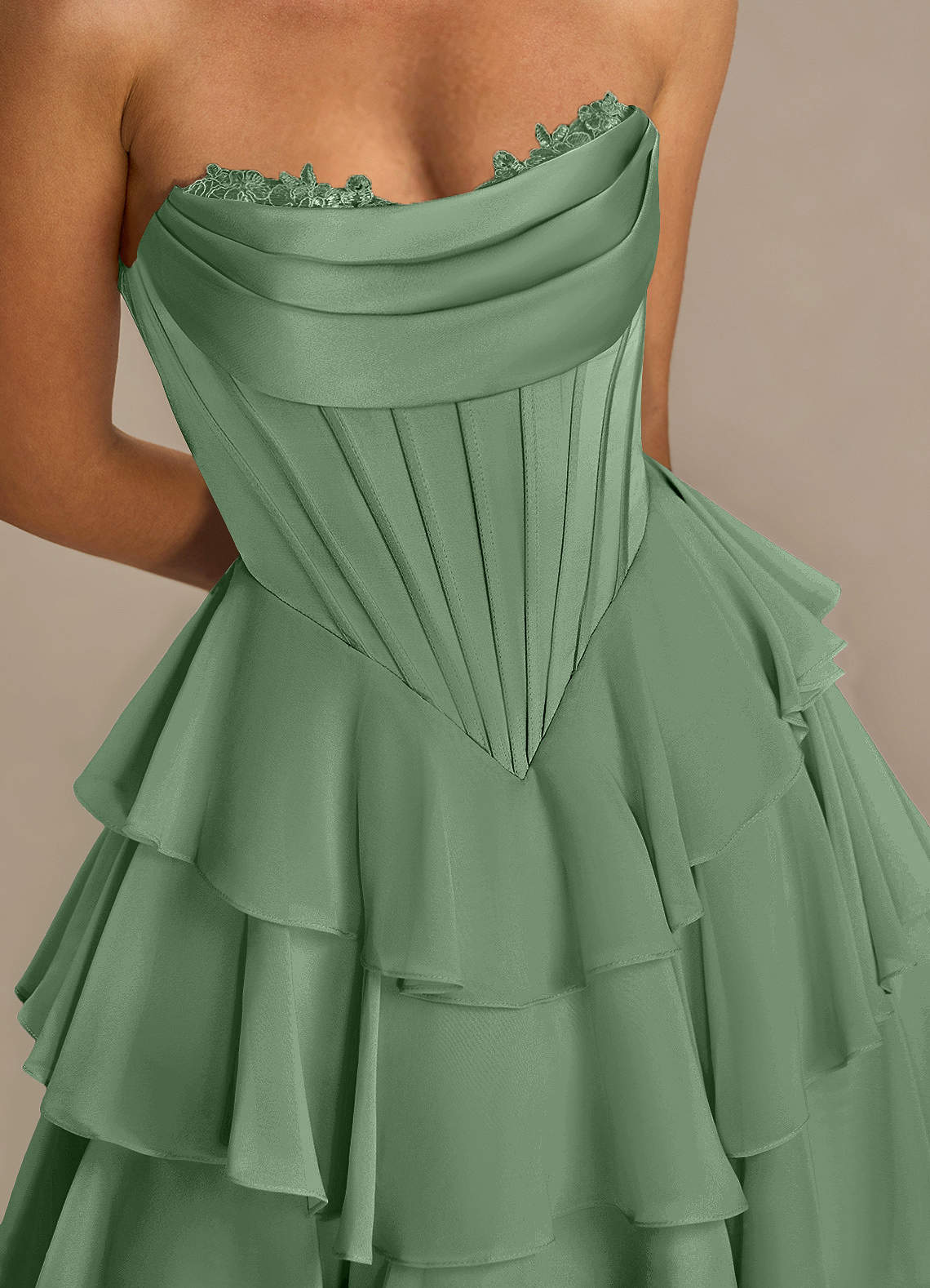 Brinley A-Line Mini Corset Satin Chiffon Prom Dress in matcha