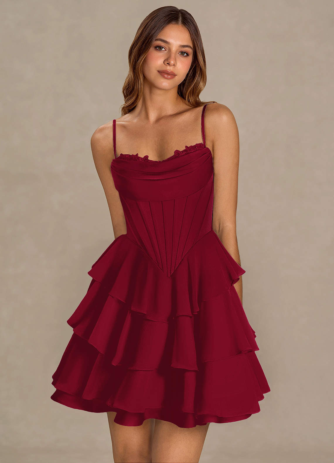 Brinley A-Line Mini Corset Satin Chiffon Prom Dress in Merlot