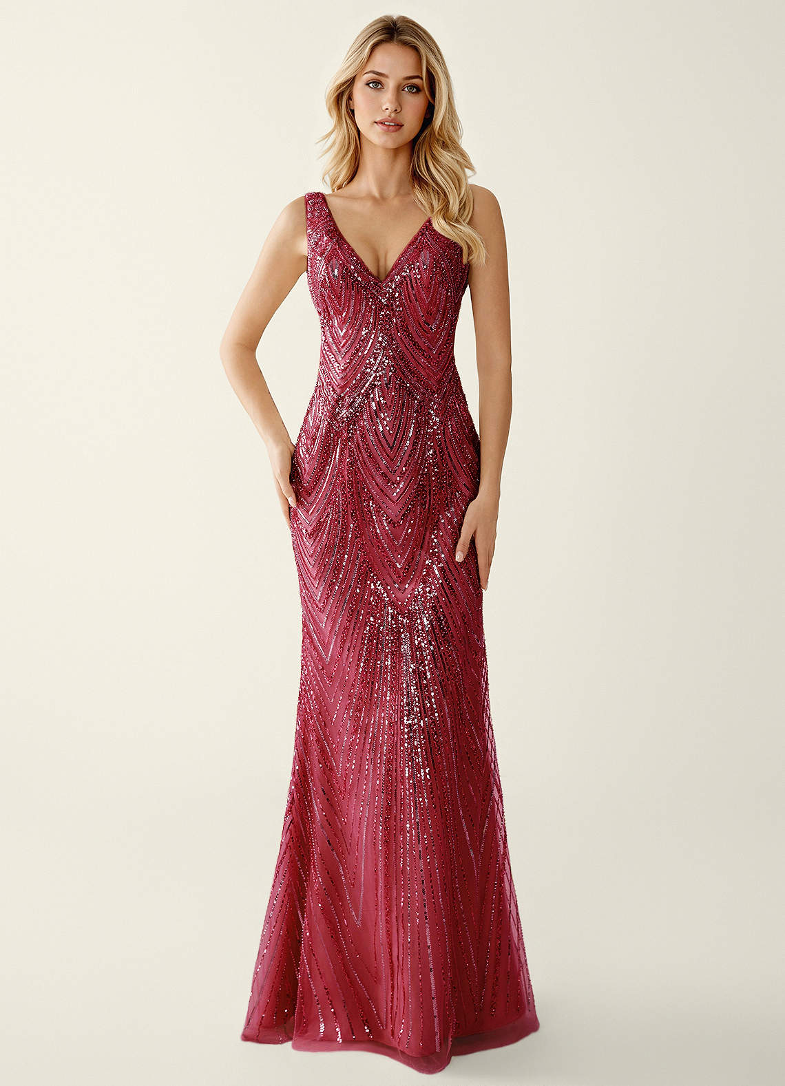Hazelen Plunging V-Neck Chevron Sequin Tulle Evening Dress in Solid Navy