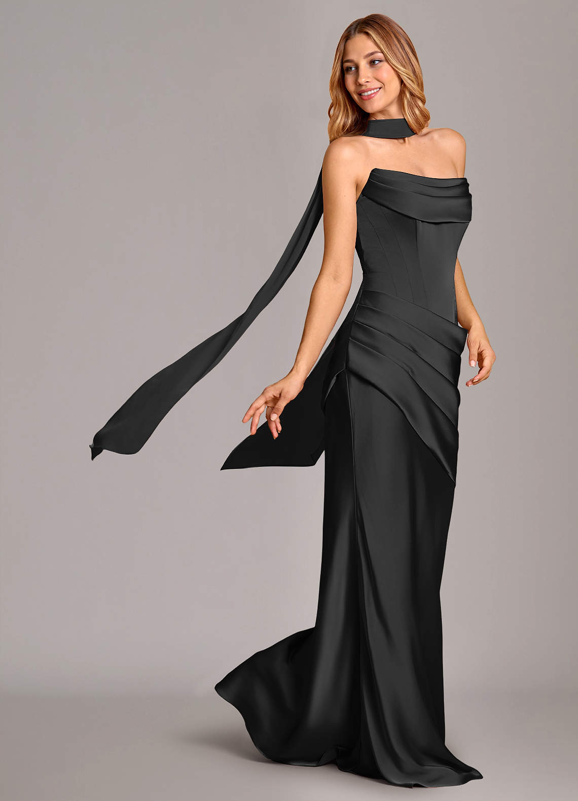 Pelagia Mermaid Cowl-Neck Stretch Satin Bridesmaid Dress in black