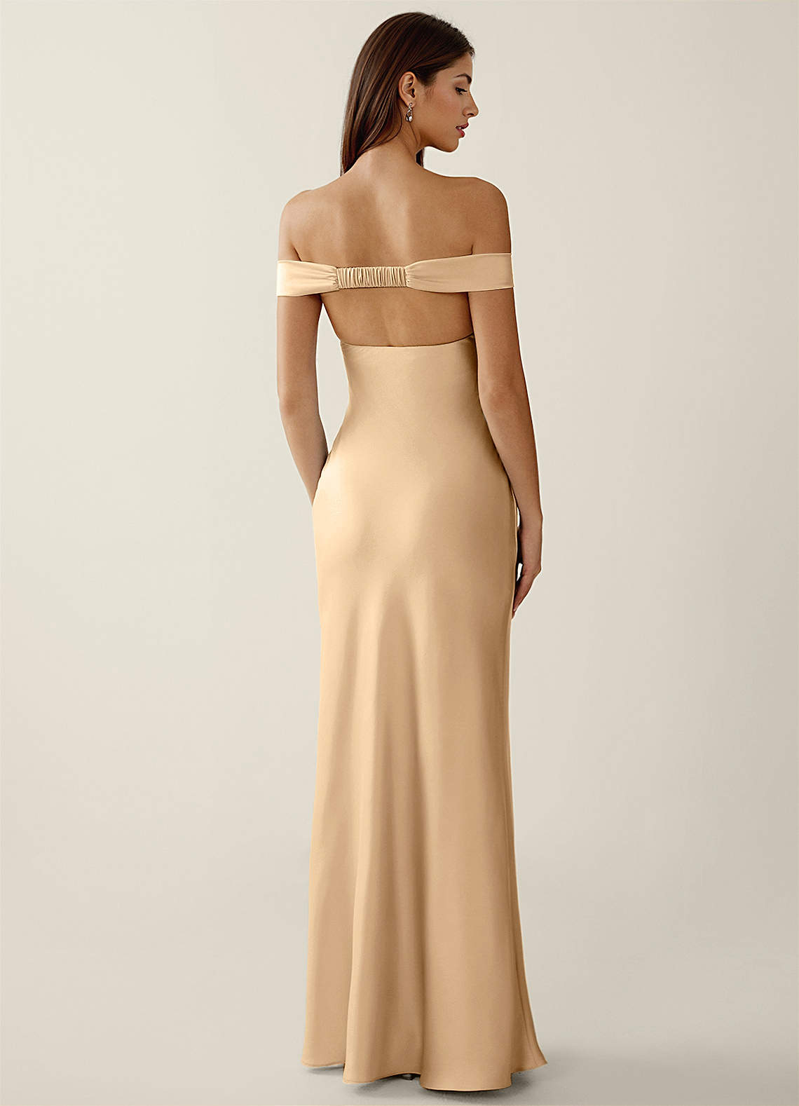 Gwendonme Sheath Off-the-Shoulder Satin Crystal Linen Evening Dress in Champagne