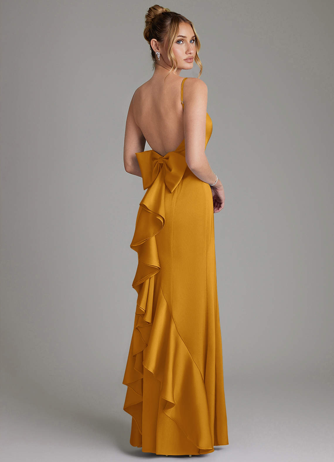 Zherra Mermaid Scoop-Neck Stretch Satin Bridesmaid Dress in butterscotch