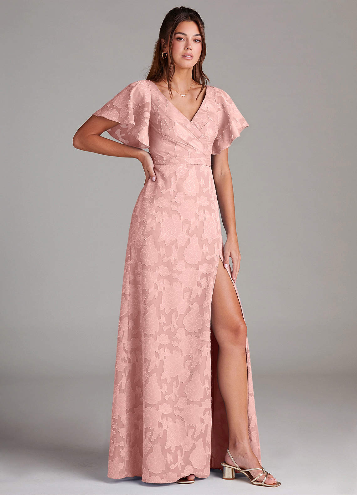 Ambrosia A-Line V-Neck Floral Burnout Bridesmaid Dress in Powder Pink