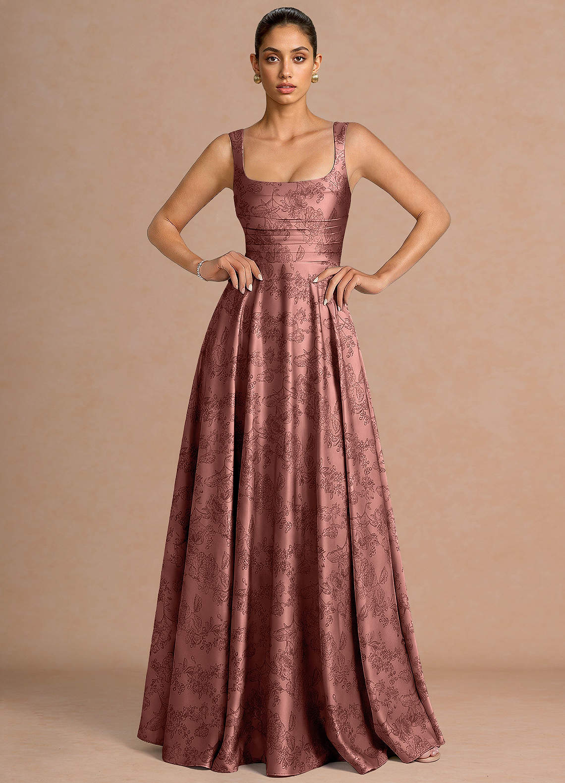 Azaria A-Line Square-Neck Jacquard Evening Dress in Moss Navy