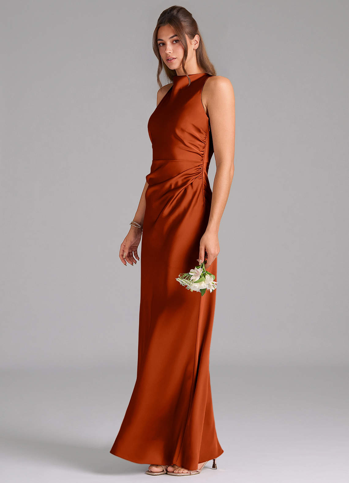 Evadne Sheath Scoop-Neck Stretch Satin Bridesmaid Dress in Paprika