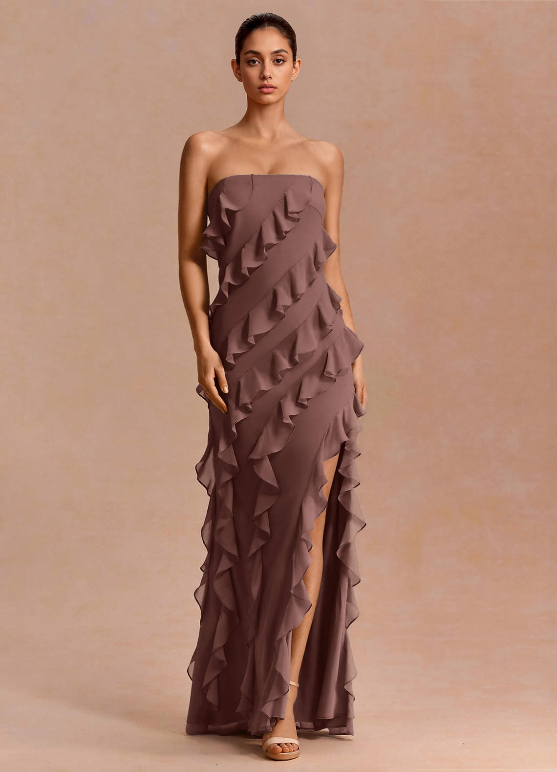 Eira A-Line Ruffle Chiffon Evening Dress in Mocha Coco
