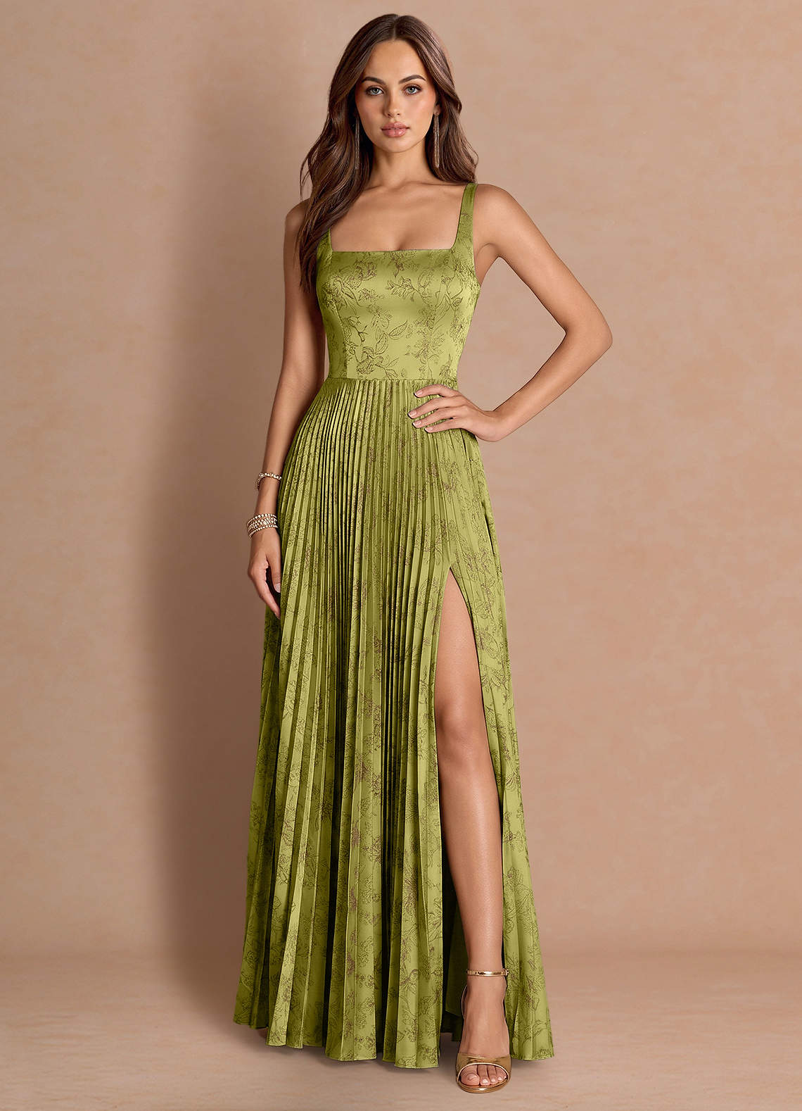 Tatiana A-Line Square-Neck Jacquard Wedding Guest Dress in Moss Brown