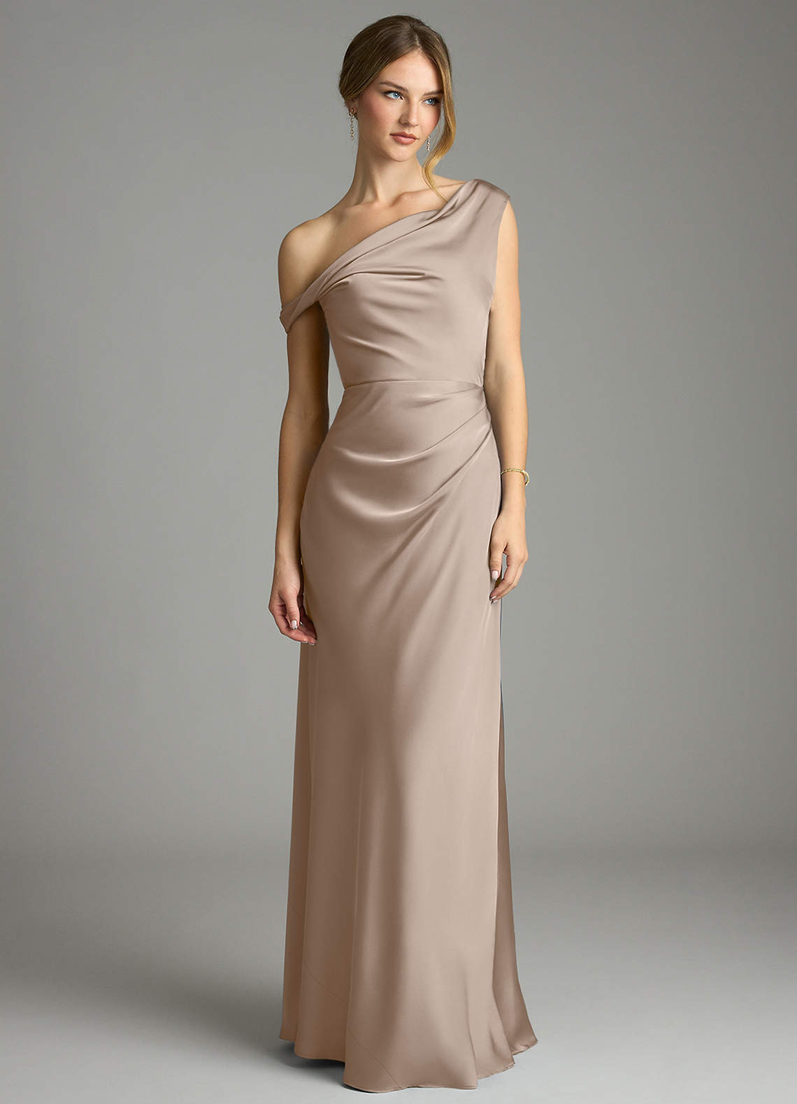 Emerson Mermaid One-Shoulder Stretch Satin Bridesmaid Dress in Taupe