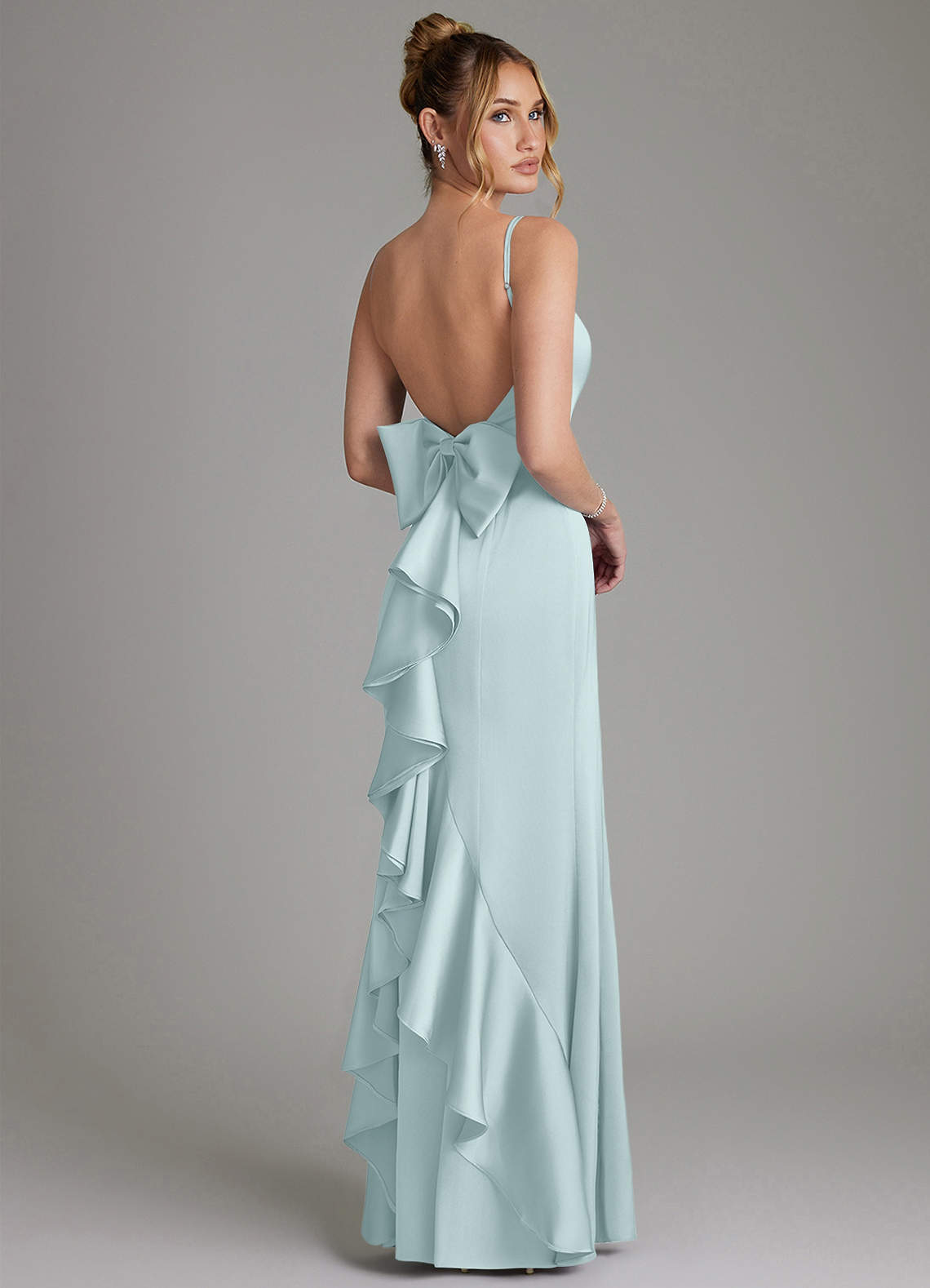 Zherra Mermaid Scoop-Neck Stretch Satin Bridesmaid Dress in Mist