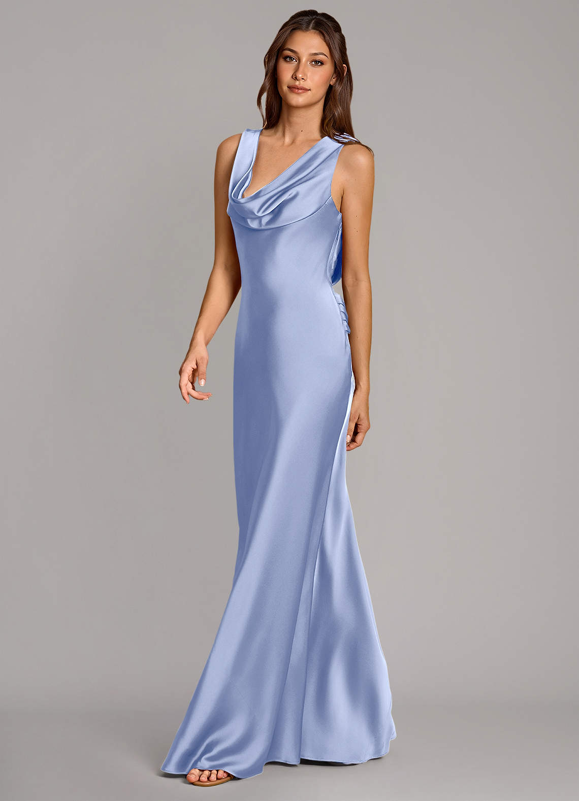 Cheryl Mermaid Cowl-Neck Stretch Satin Bridesmaid Dress in Ice