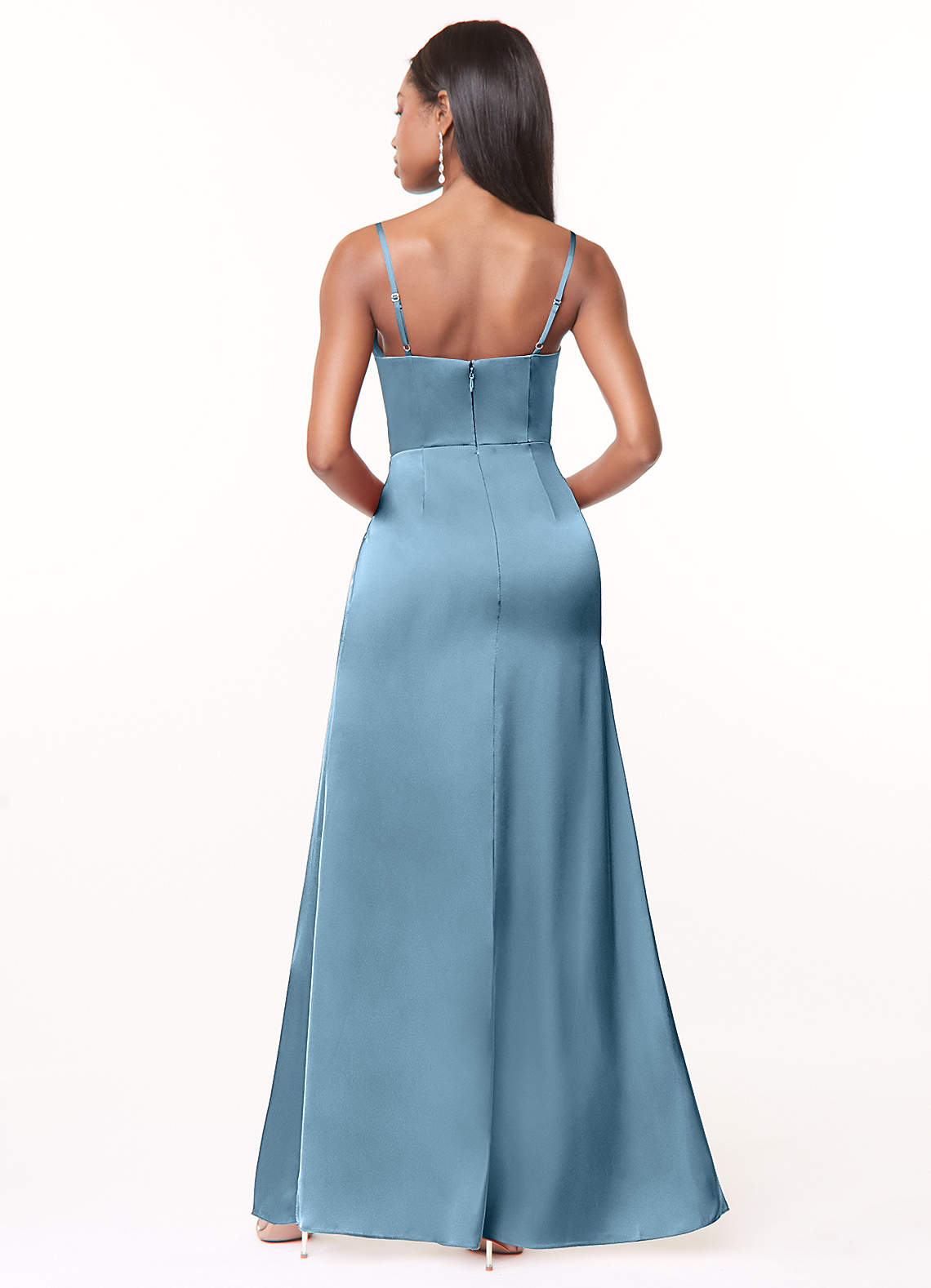 Maci A-Line V-Neck Stretch Satin Bridesmaid Dress in Steel Blue