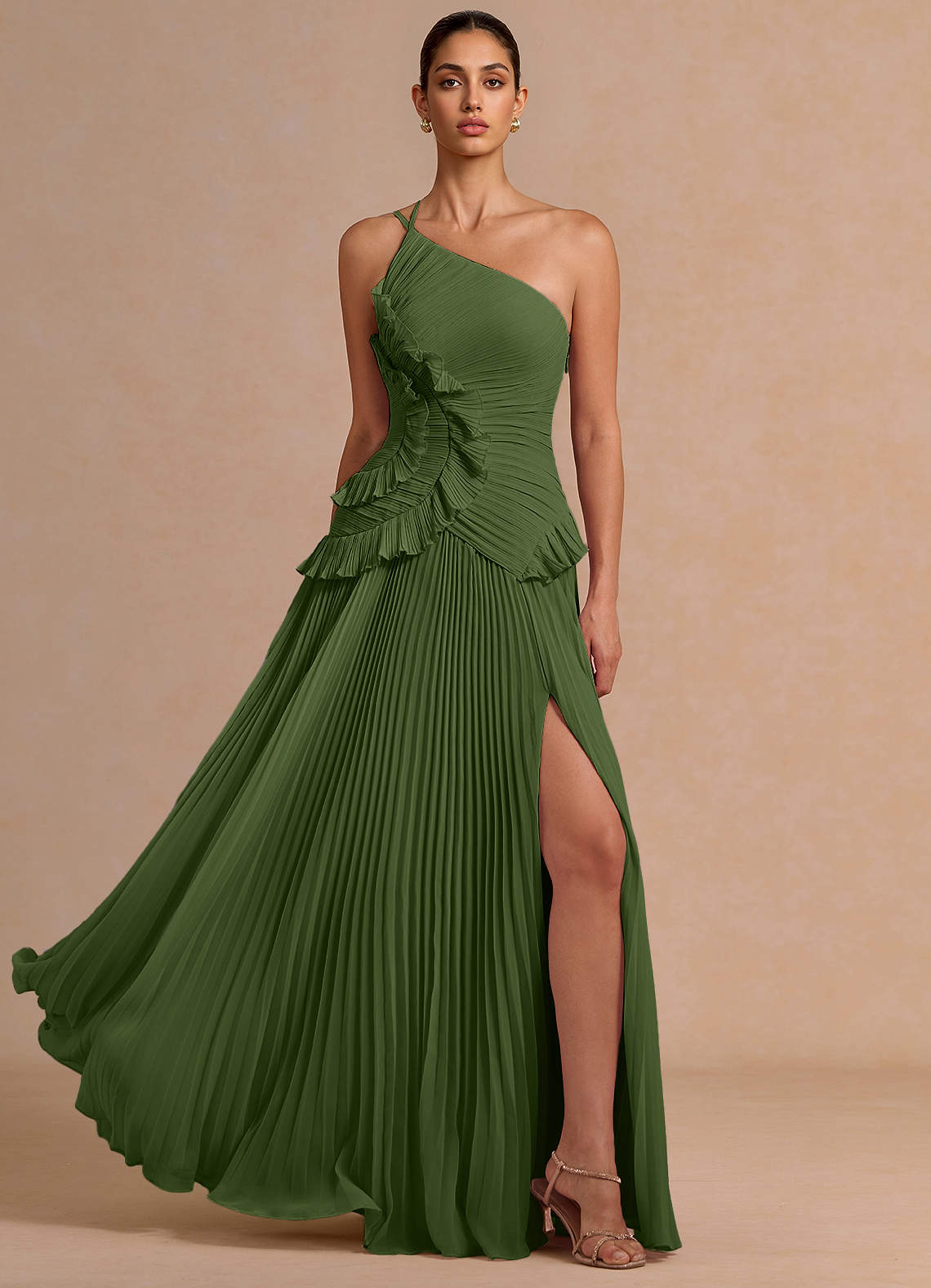 Melody A-Line One-Shoulder Chiffon Evening Dress in Herb Green