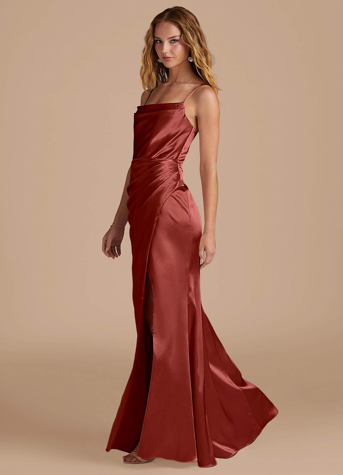 Marzia Mermaid Square-Neck Metallic Satin Bridesmaid Dress in Terracotta