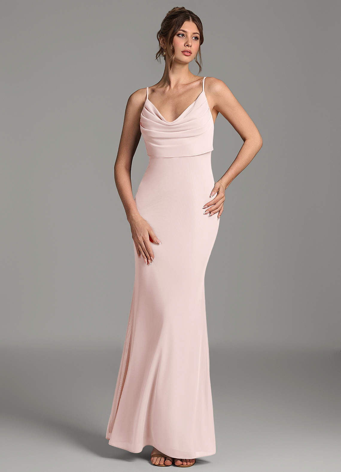 Zari Mermaid Cowl-Neck Mesh Bridesmaid Dress in Blushing Pink