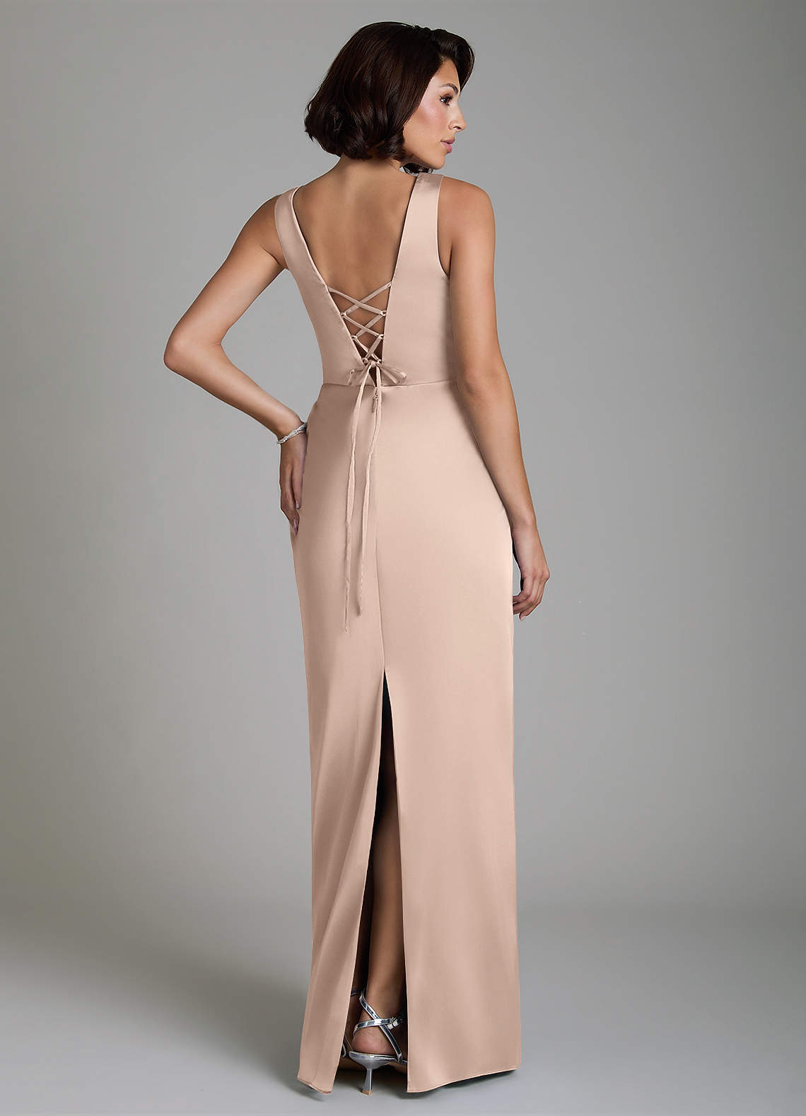 Vanya Sheath V-Neck Stretch Satin Bridesmaid Dress in English Rose