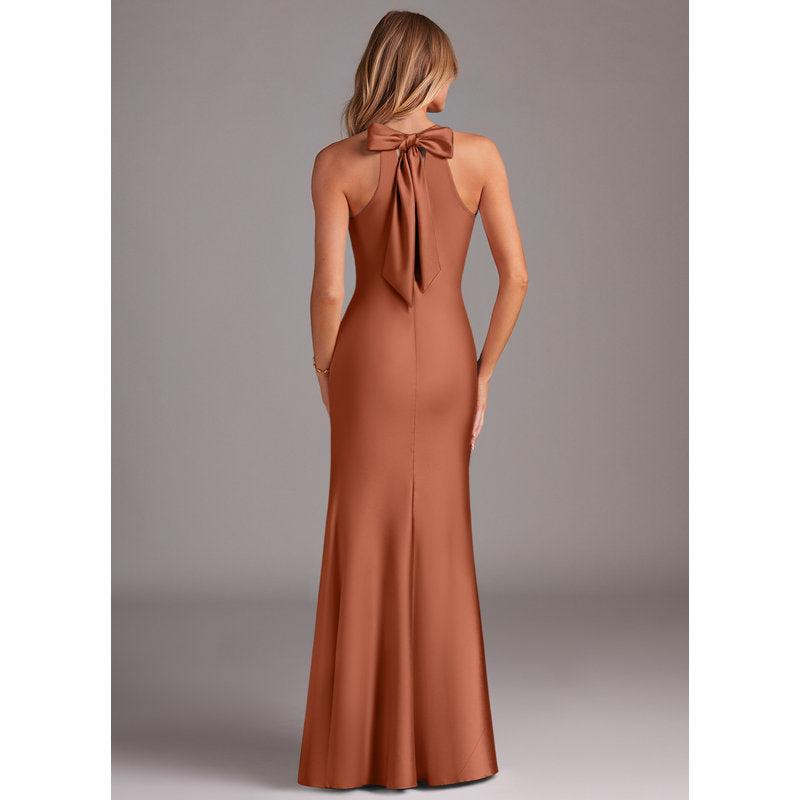 Doretta Mermaid Halter Stretch Satin Bridesmaid Dress in Cedar Rose - view 6