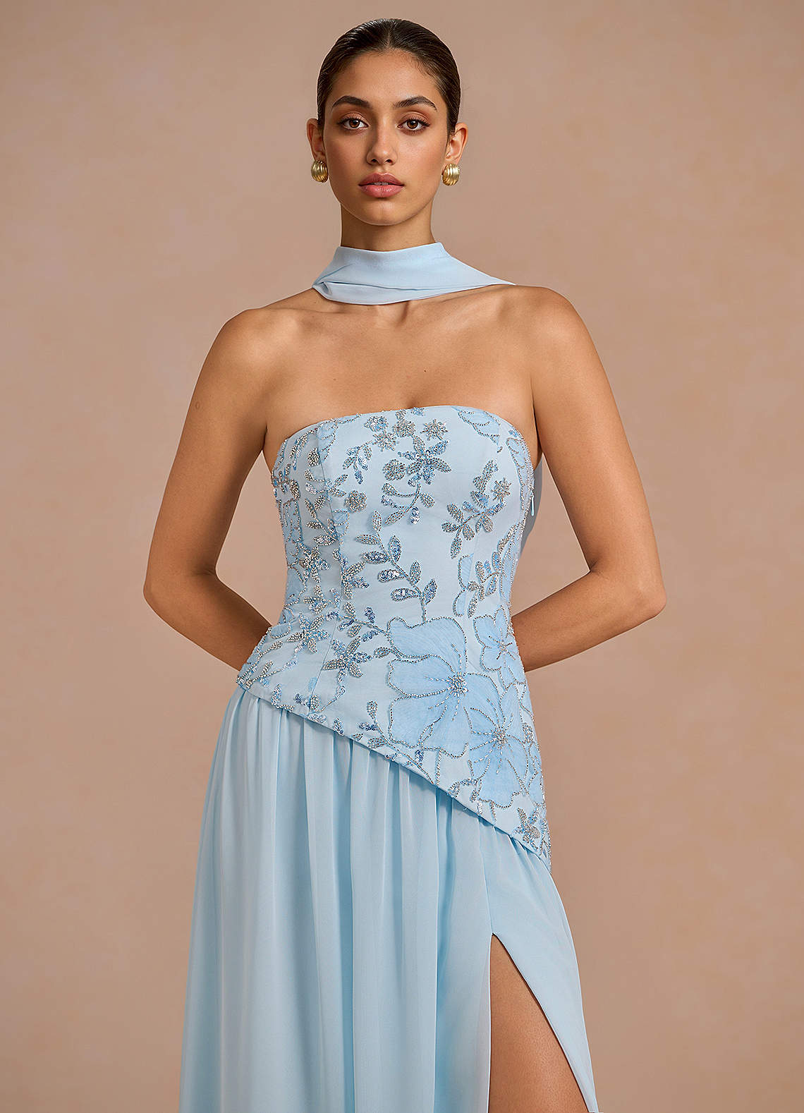 Galatea Sky Blue A-Line Floral Chiffon Evening Dress in Sky Blue