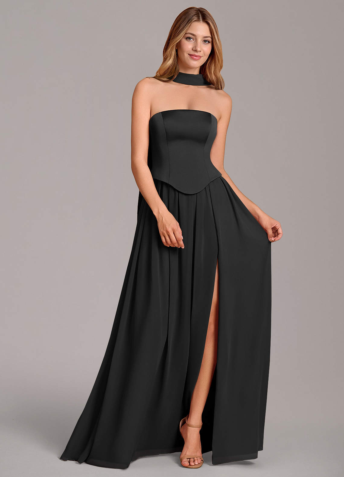 Cadence A-Line Strapless Chiffon and Stretch Satin Bridesmaid Dress in black