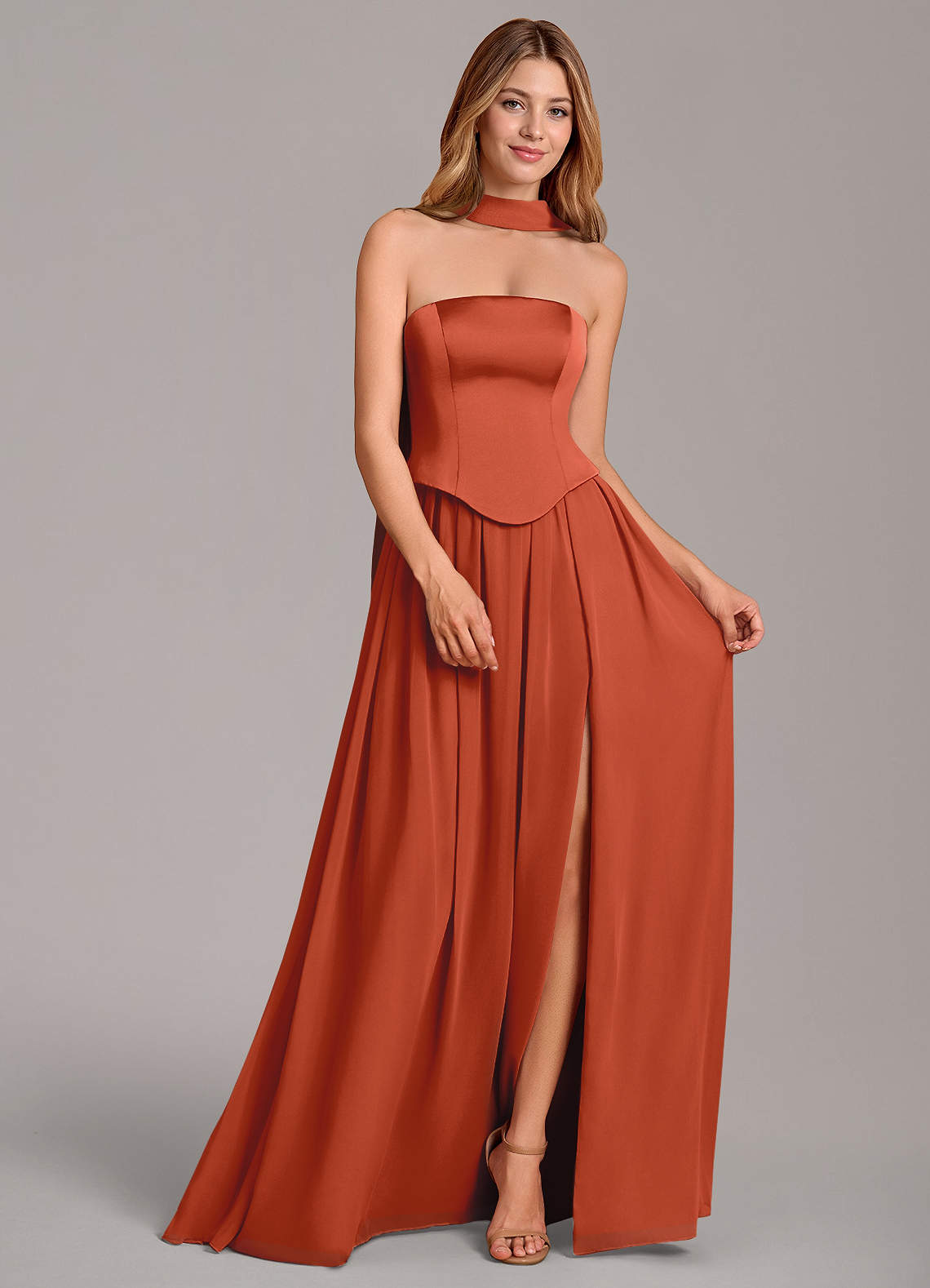 Cadence A-Line Strapless Chiffon and Stretch Satin Bridesmaid Dress in Rust