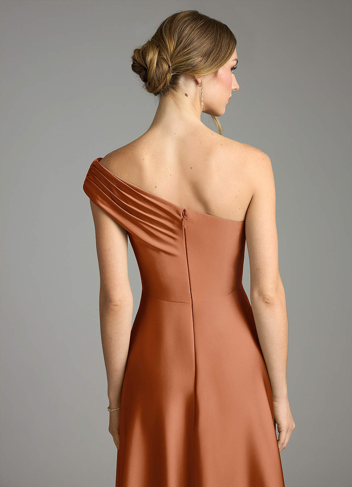 Melanie A-Line One-Shoulder Stretch Satin Bridesmaid Dress in Copper