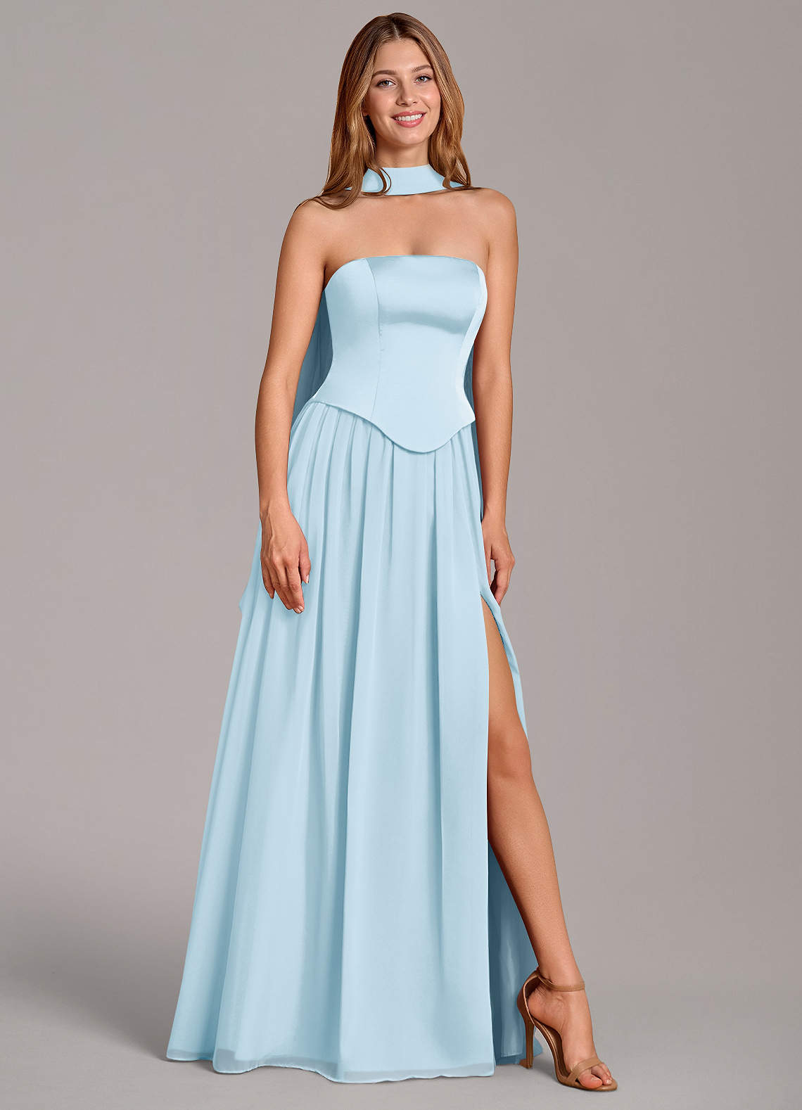 Cadence A-Line Strapless Chiffon and Stretch Satin Bridesmaid Dress in Sky Blue