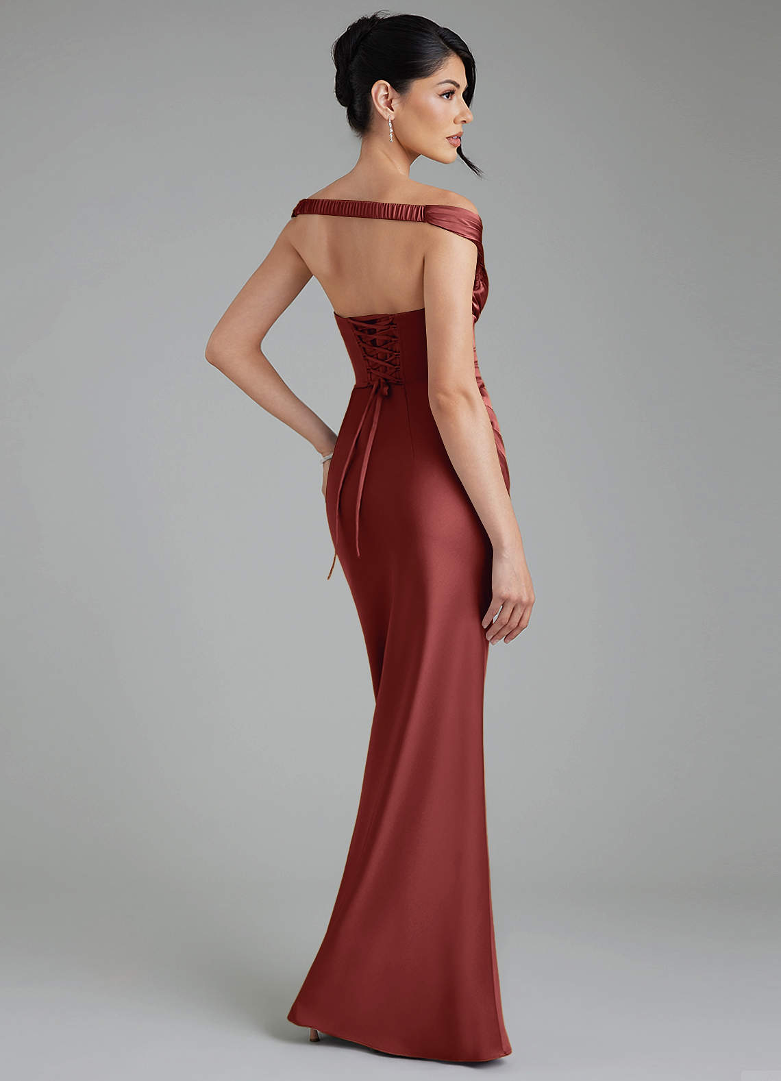 Stella Sheath V-Neck Stretch Satin Bridesmaid Dress in Terracotta