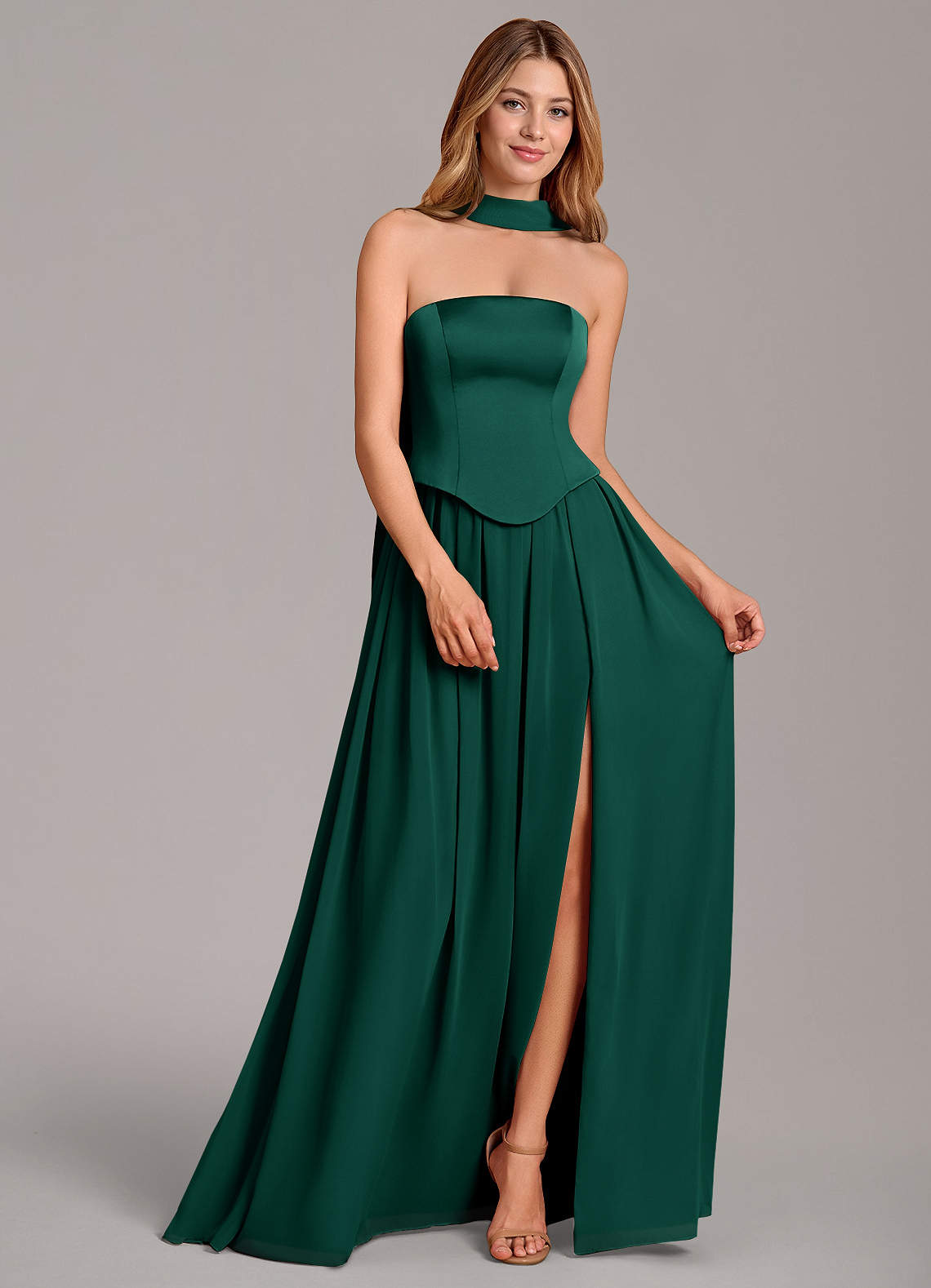 Cadence A-Line Strapless Chiffon and Stretch Satin Bridesmaid Dress in Emerald